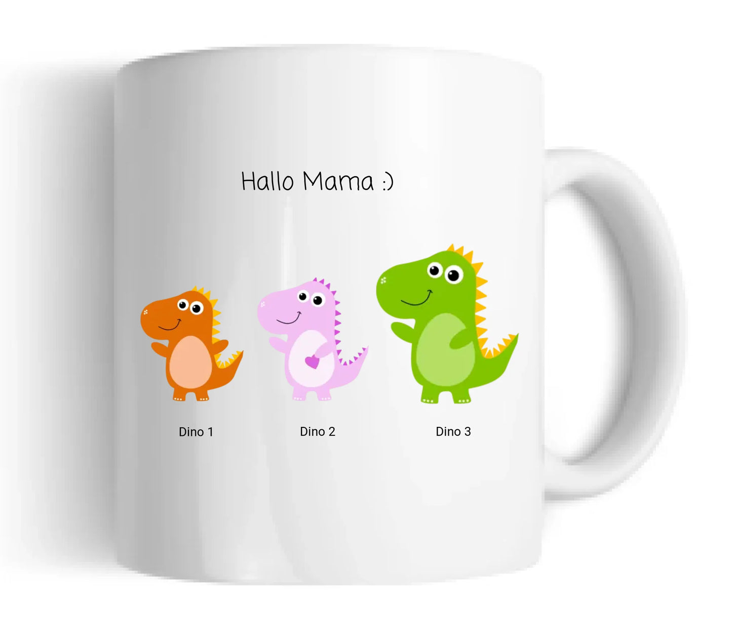 Muttertagsgeschenk Tasse mit Kindernamen personalisiert. Kinder im Dino Design.