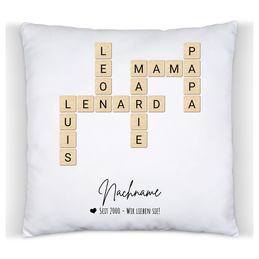 Personalisierte Weihnachtsgeschenk Scrabble Kissen personalisiert – Familiennamen & Freunde im Kreuzworträtsel-Design
