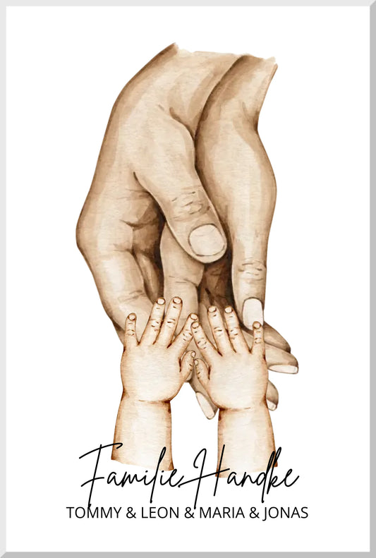 Personalisiertes Geburtsgeschenk Zwillinge | Familiengeschenk Familienposter | Geschenk Geburt mit Hände Motiv | Namen Leinwanddruck Leinwandbild