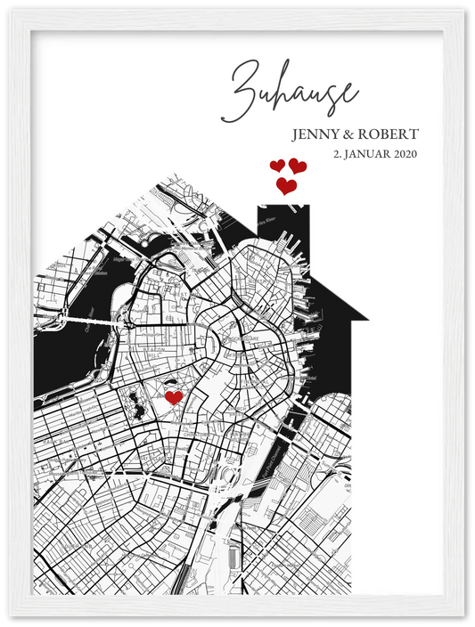 Zuhause Poster Haus personalisiertes Geschenk | Stadtkarte Einzugsgeschenk | Koordinaten Bild Richtfest Premium Matte Paper Wooden Framed Poster - White - Vertical Gerahmtes Poster