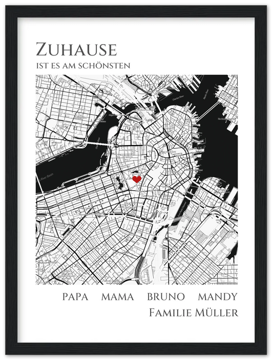 Zuhause Poster personalisiert mit Haus Motiv im Stadtkarten Design, mit Namen und Wunschtext und kleinen Herzen.