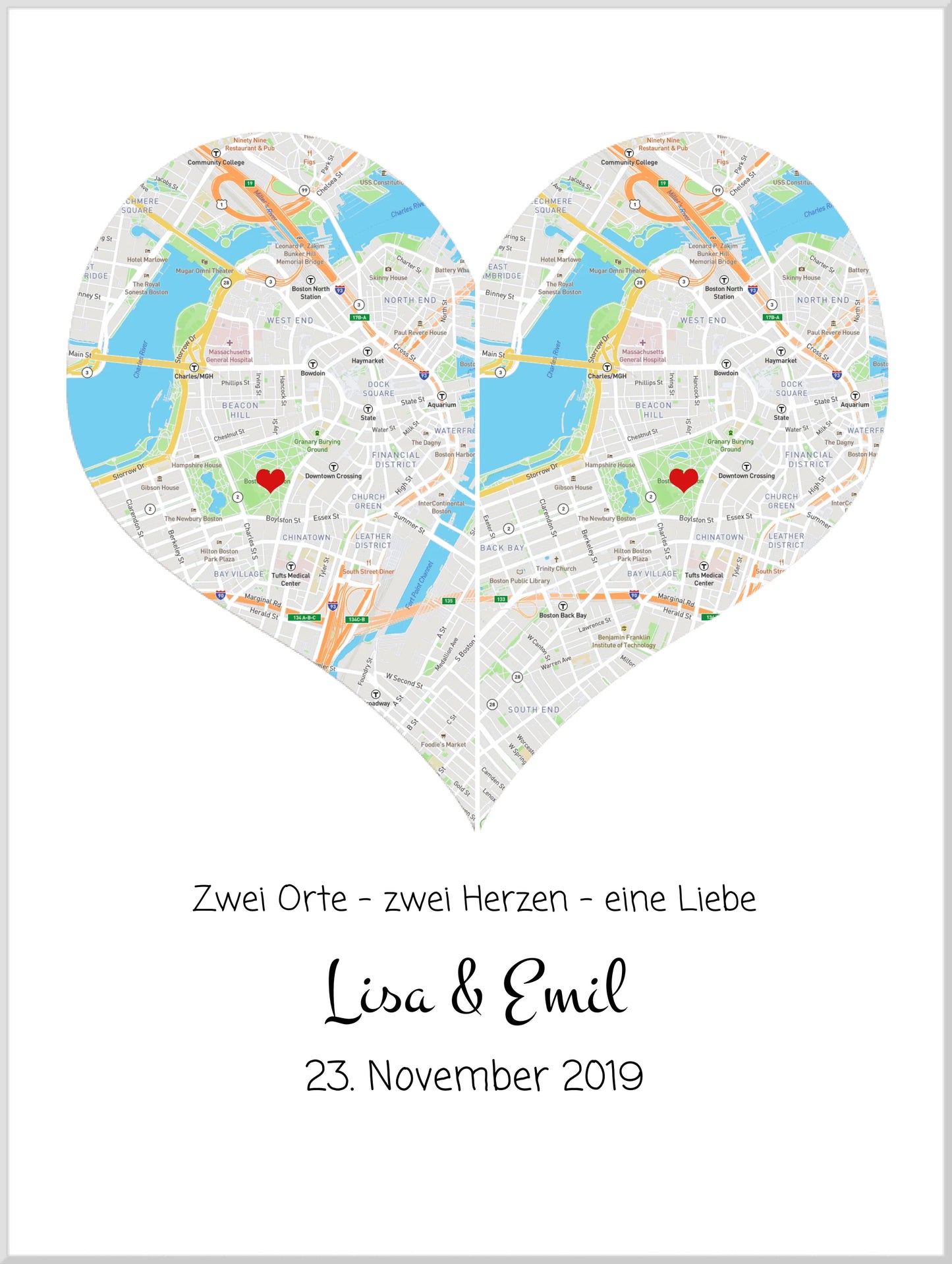 Wo alles begann Poster – Personalisierte Stadtkarte mit Herz – 2 Orte, ein Herz – Kennenlernorte – Hochzeitsgeschenk, Hochzeitstag
