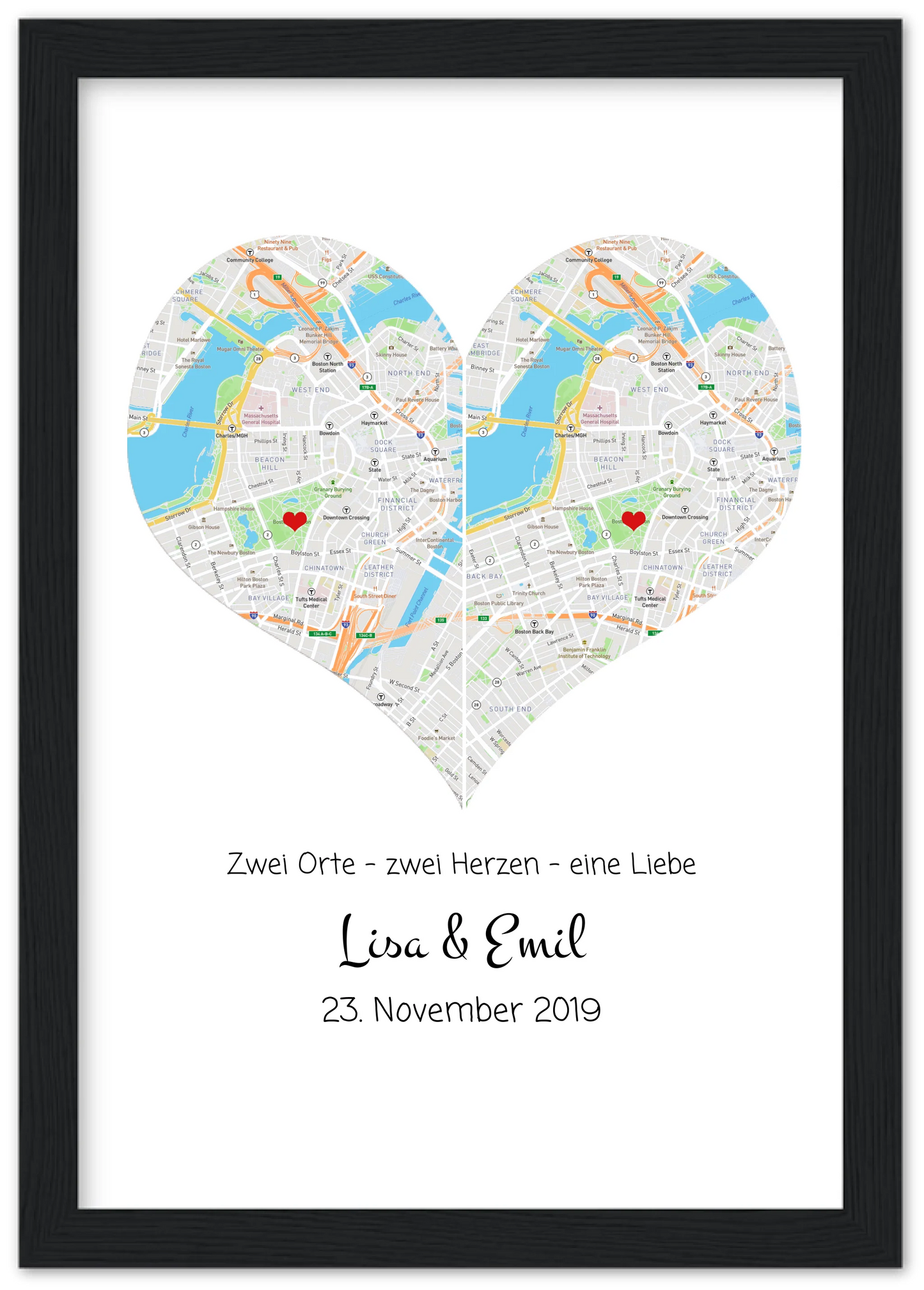 Wo alles begann Poster – Personalisierte Stadtkarte mit Herz – 2 Orte, ein Herz – Kennenlernorte – Hochzeitsgeschenk, Hochzeitstag
