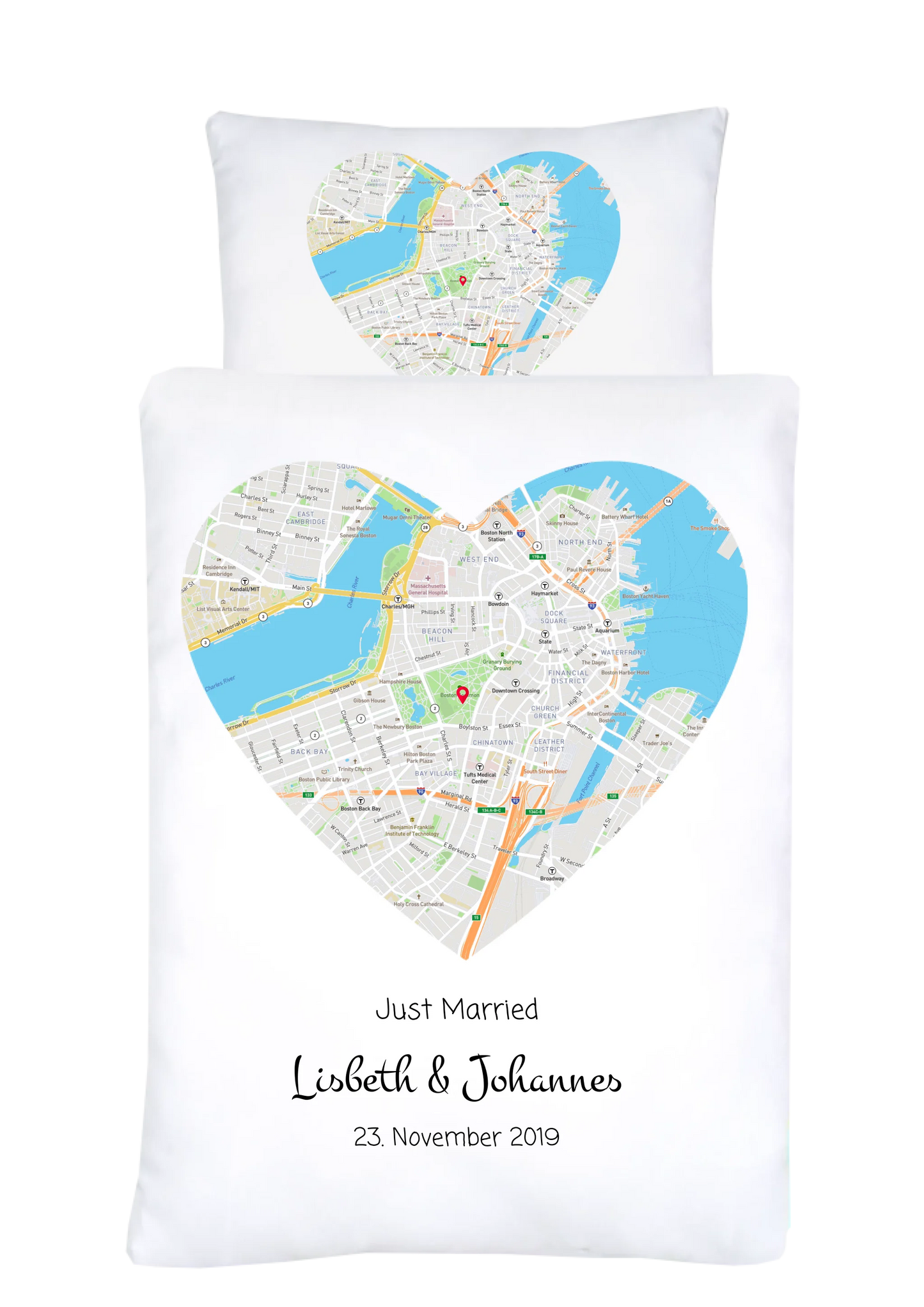 Hochzeitsgeschenk Just Married | Personalisierter Bettbezug Haus Motiv | Geschenk zur Hochzeit, Valentin, Liebe im Koordinaten Stadtkarte Design