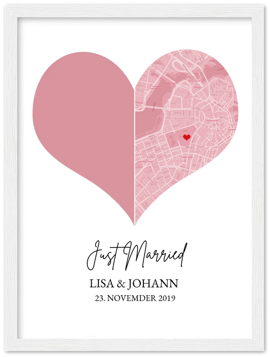 Just Married Hochzeitsposter Herz Geschenk personalisiert | Geschenk zur Hochzeit mit Foto | Fotoposer Stadtkarte Bild Premium Matte Paper Wooden Framed Poster - White - Vertical Gerahmtes Poster