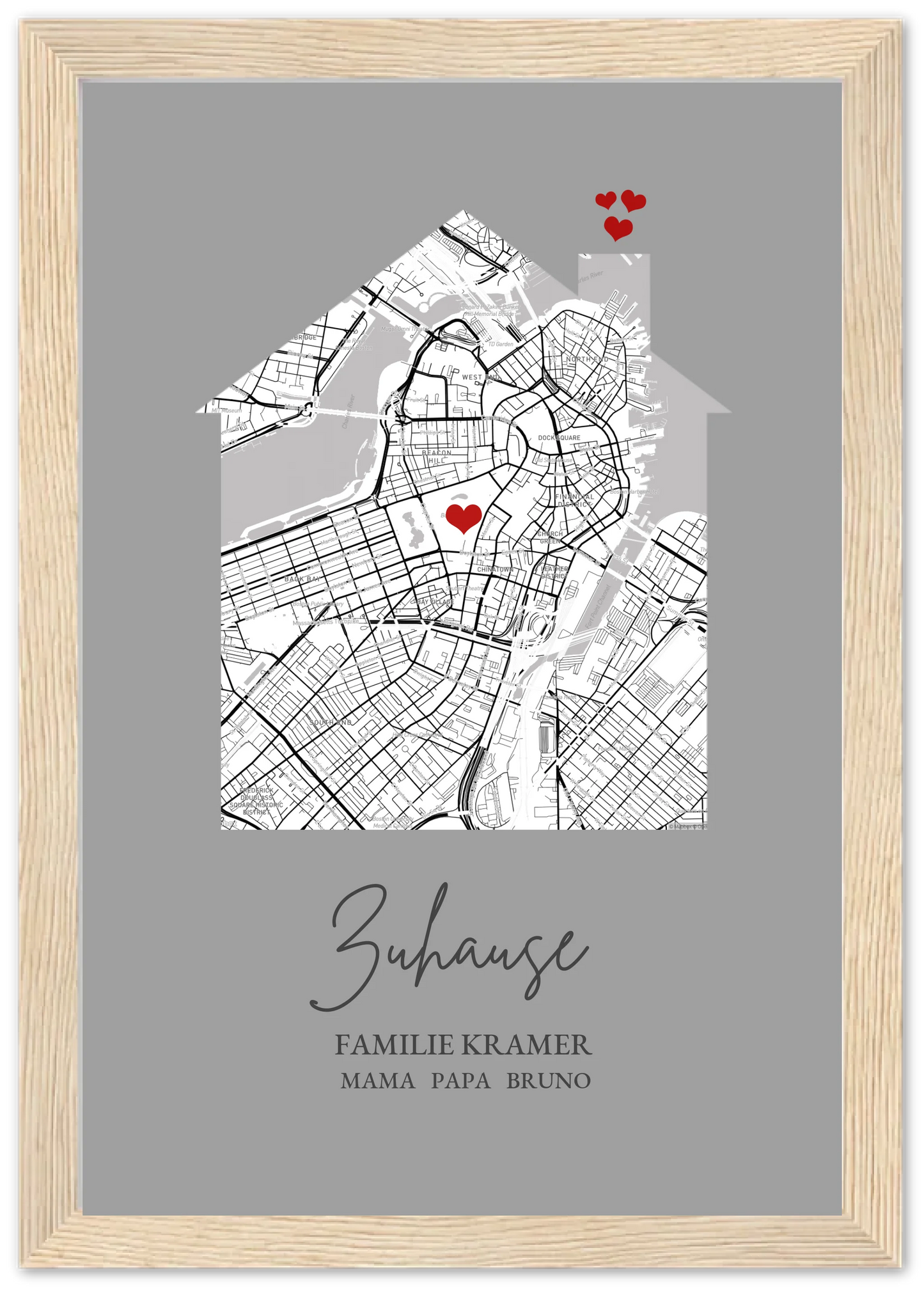 Zuhause Poster personalisiert mit Haus Motiv im Stadtkarten Design, mit Namen und Wunschtext und kleinen Herzen.