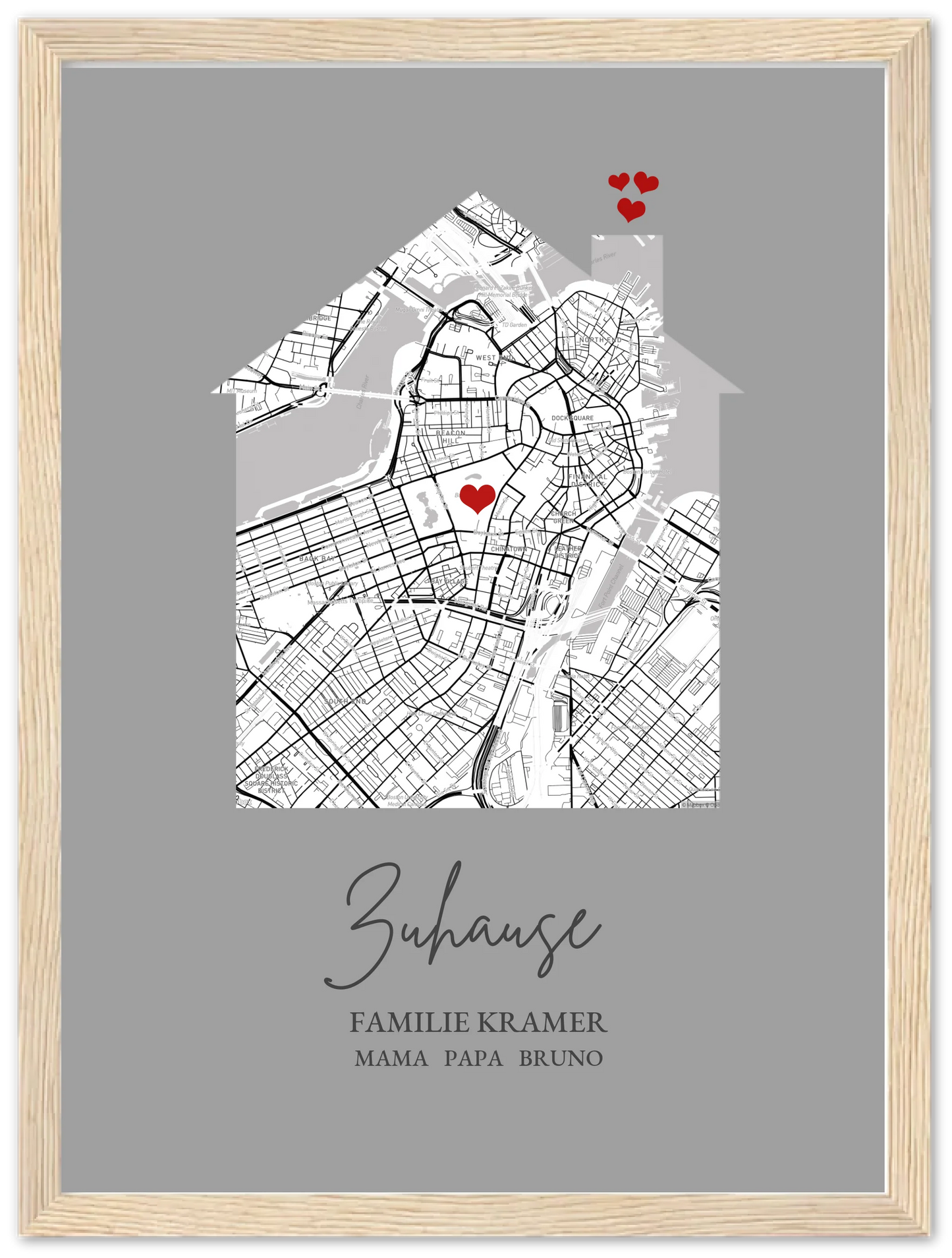 Zuhause Poster personalisiert mit Haus Motiv im Stadtkarten Design, mit Namen und Wunschtext und kleinen Herzen.