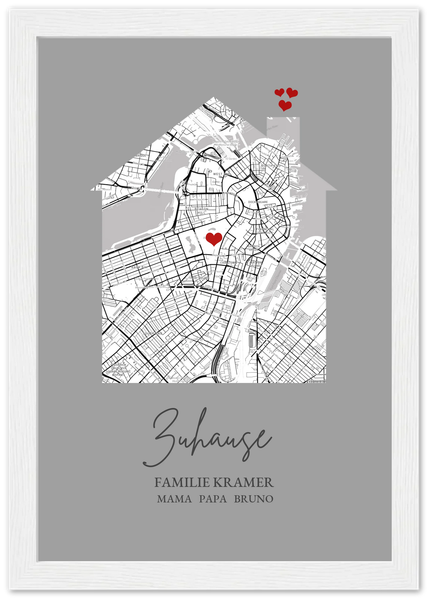 Zuhause Poster personalisiert mit Haus Motiv im Stadtkarten Design, mit Namen und Wunschtext und kleinen Herzen.