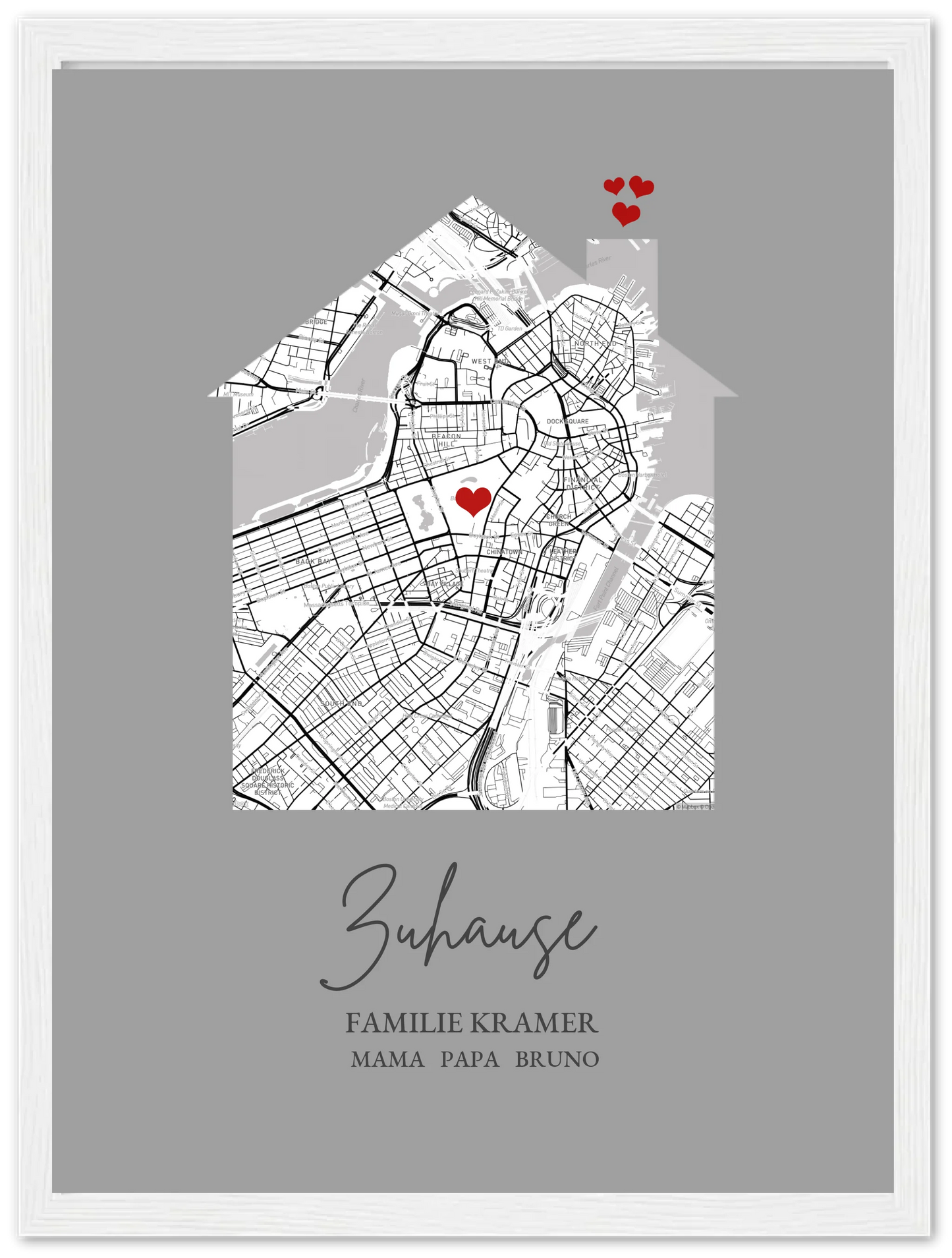 Zuhause Poster personalisiert mit Haus Motiv im Stadtkarten Design, mit Namen und Wunschtext und kleinen Herzen.