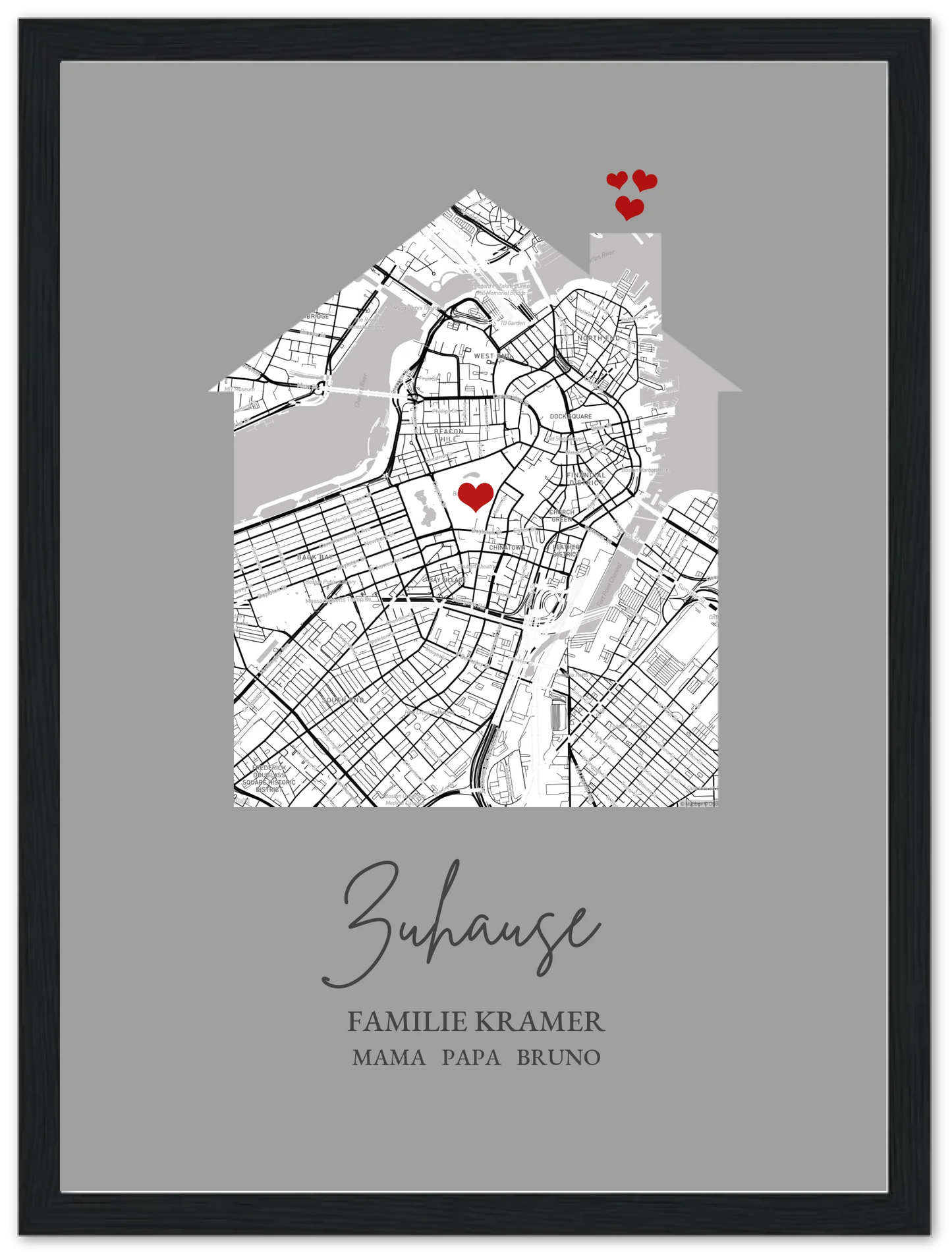 Zuhause Poster personalisiert mit Haus Motiv im Stadtkarten Design, mit Namen und Wunschtext und kleinen Herzen.
