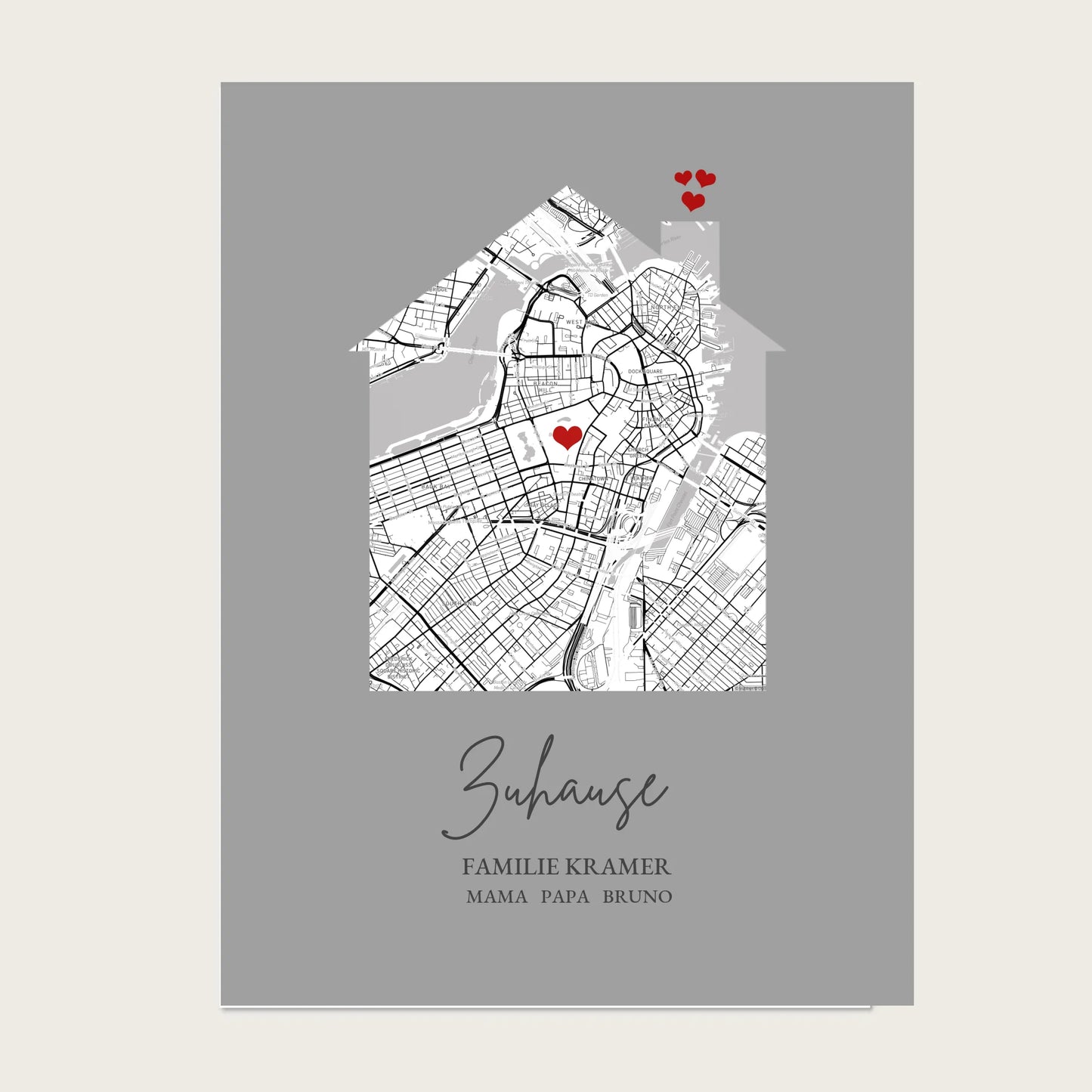 Zuhause Poster personalisiert mit Haus Motiv im Stadtkarten Design, mit Namen und Wunschtext und kleinen Herzen.