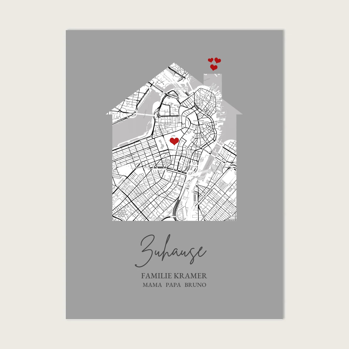 Zuhause Poster personalisiert mit Haus Motiv im Stadtkarten Design, mit Namen und Wunschtext und kleinen Herzen.