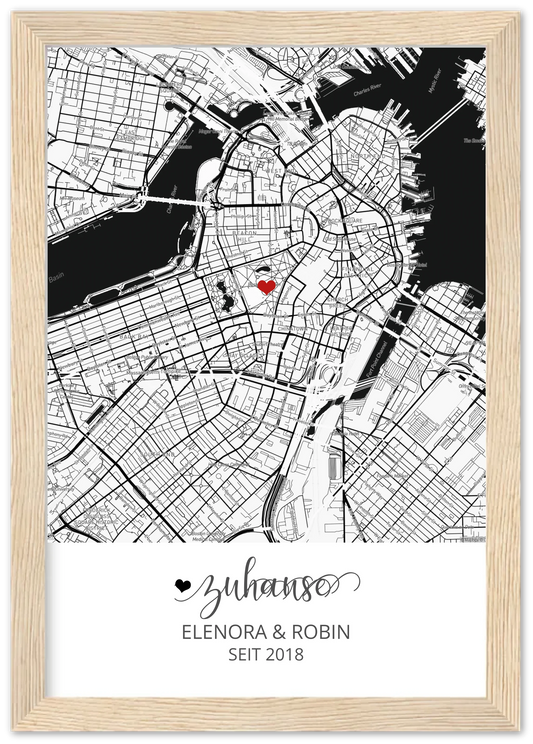 Zuhause Poster personalisiert mit Haus Motiv im Stadtkarten Design, mit Namen und Wunschtext.