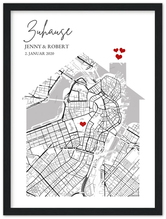 Zuhause Poster personalisiert mit Haus Motiv im Stadtkarten Design, mit Namen und Wunschtext.