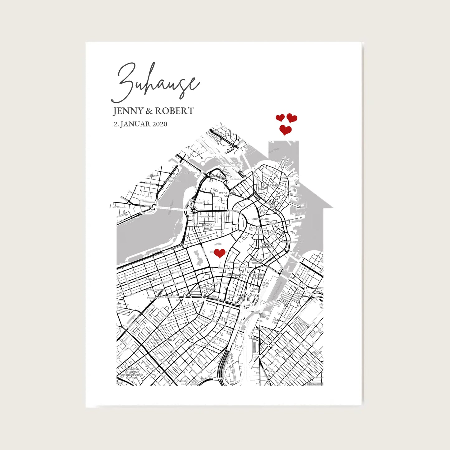 Zuhause Poster personalisiert mit Haus Motiv im Stadtkarten Design, mit Namen und Wunschtext.