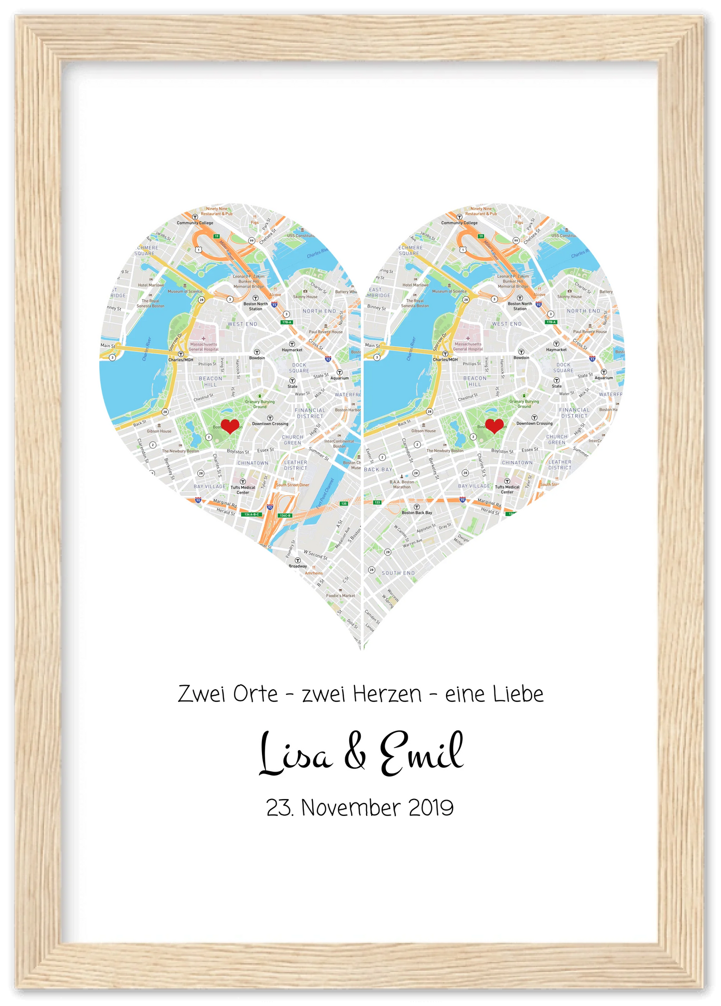 Hochzeitsgeschenk | Gerahmtes Koordinaten Poster Herz im Stadtkarte Design | Geschenkidee Hochzeit -Valentinstaggeschenk | Geburtstagsgeschenk