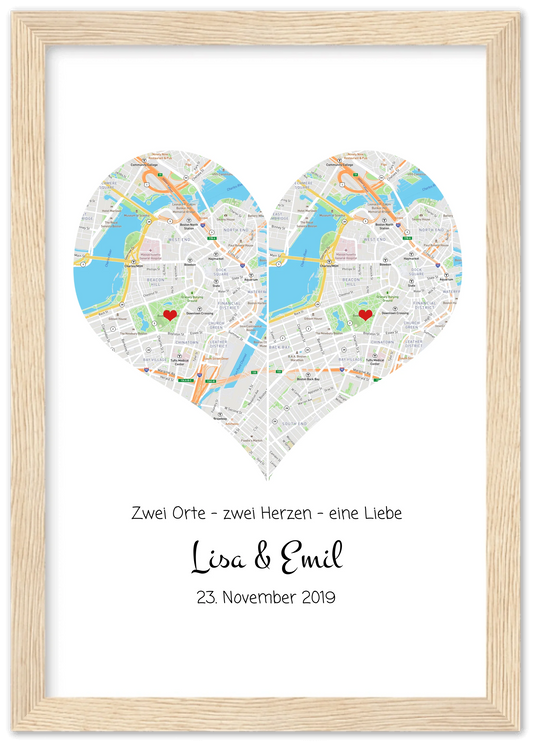 Hochzeitsgeschenk | Gerahmtes Koordinaten Poster Herz im Stadtkarte Design | Geschenkidee Hochzeit -Valentinstaggeschenk | Geburtstagsgeschenk Premium Matte Paper Wooden Framed Poster - Wood - Vertical Gerahmtes Poster