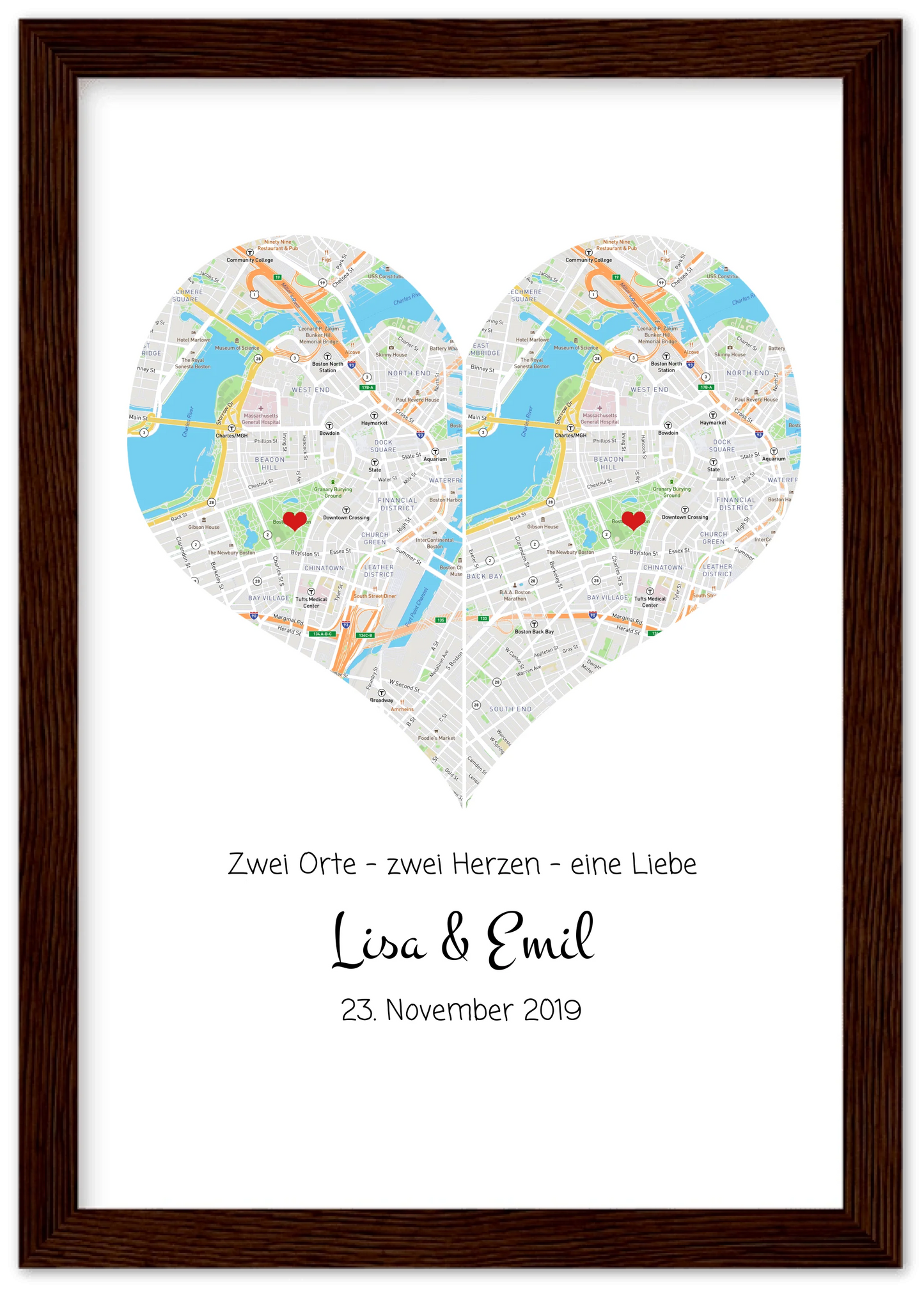 Hochzeitsgeschenk | Gerahmtes Koordinaten Poster Herz im Stadtkarte Design | Geschenkidee Hochzeit -Valentinstaggeschenk | Geburtstagsgeschenk