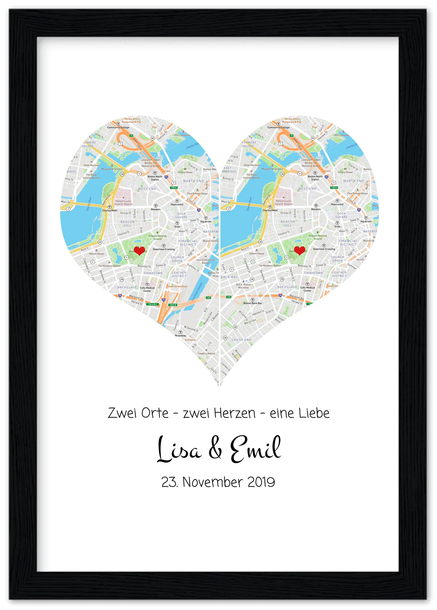 Hochzeitsgeschenk | Gerahmtes Koordinaten Poster Herz im Stadtkarte Design | Geschenkidee Hochzeit -Valentinstaggeschenk | Geburtstagsgeschenk