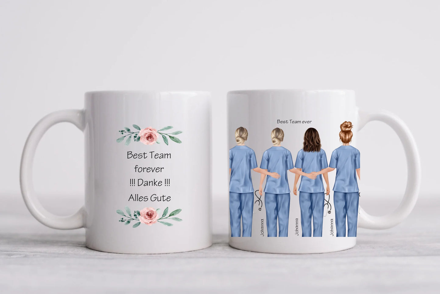 Personalisierte 4 Team Tasse, Danke Geschenk Ärztin, Krankenschwester, Kollegin, Geschenk Altenpflege, Arzthelferin, mit Namen und Spruch. Abschiedsgeschenk.