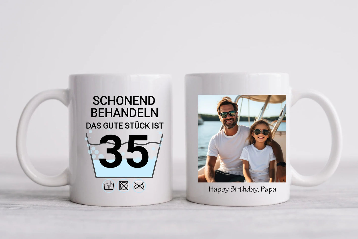 Geburtstageschenk personalisierte Fototasse - Schonend behandeln - das gut Stück ist 35, 40, 50, 60, 70 mit Namen und Foto personalisiert. Geschenkidee Geburtstag  Mama. Papa, Oma und Opa.