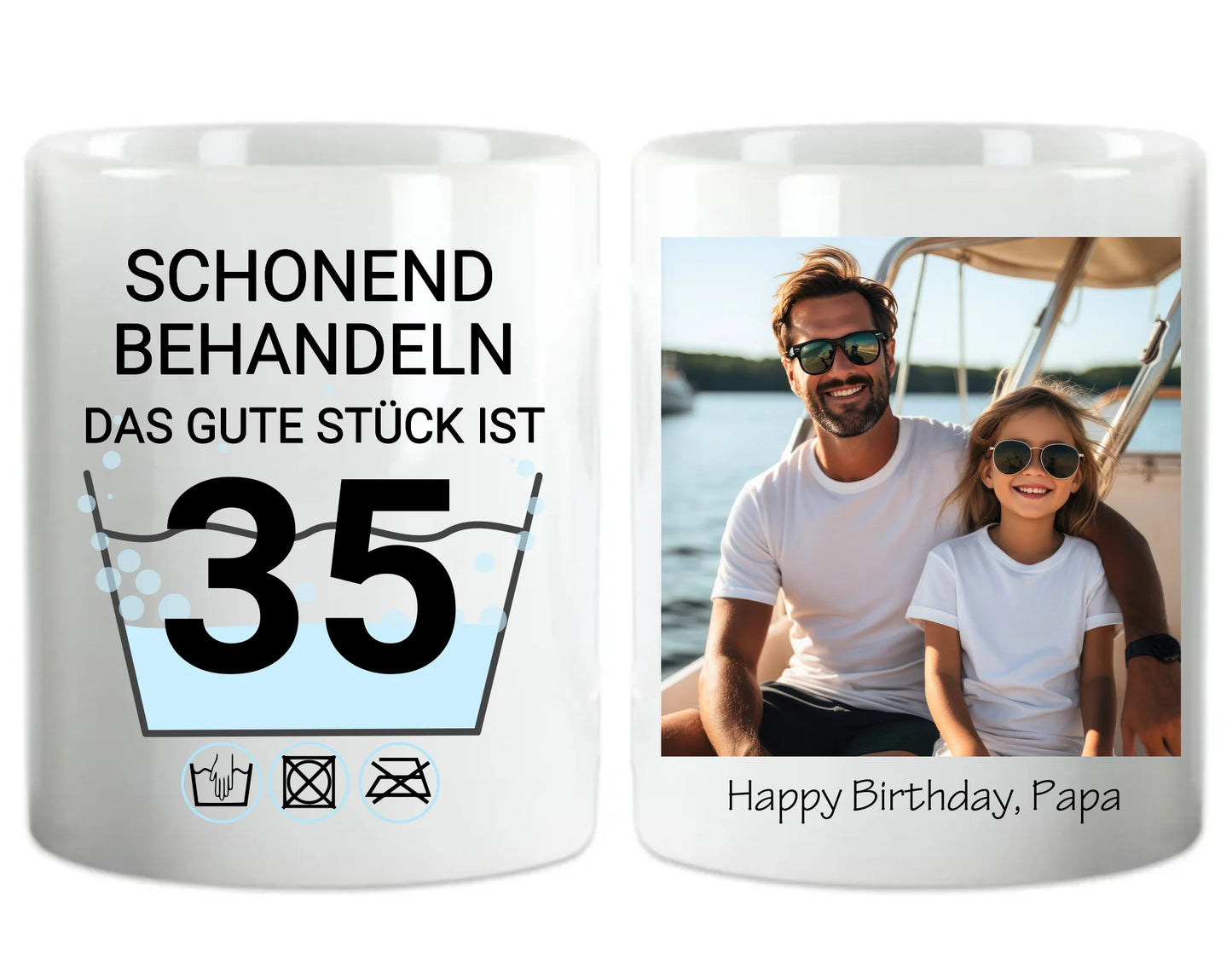 Geburtstageschenk personalisierte Fototasse - Schonend behandeln - das gut Stück ist 35, 40, 50, 60, 70 mit Namen und Foto personalisiert. Geschenkidee Geburtstag  Mama. Papa, Oma und Opa.