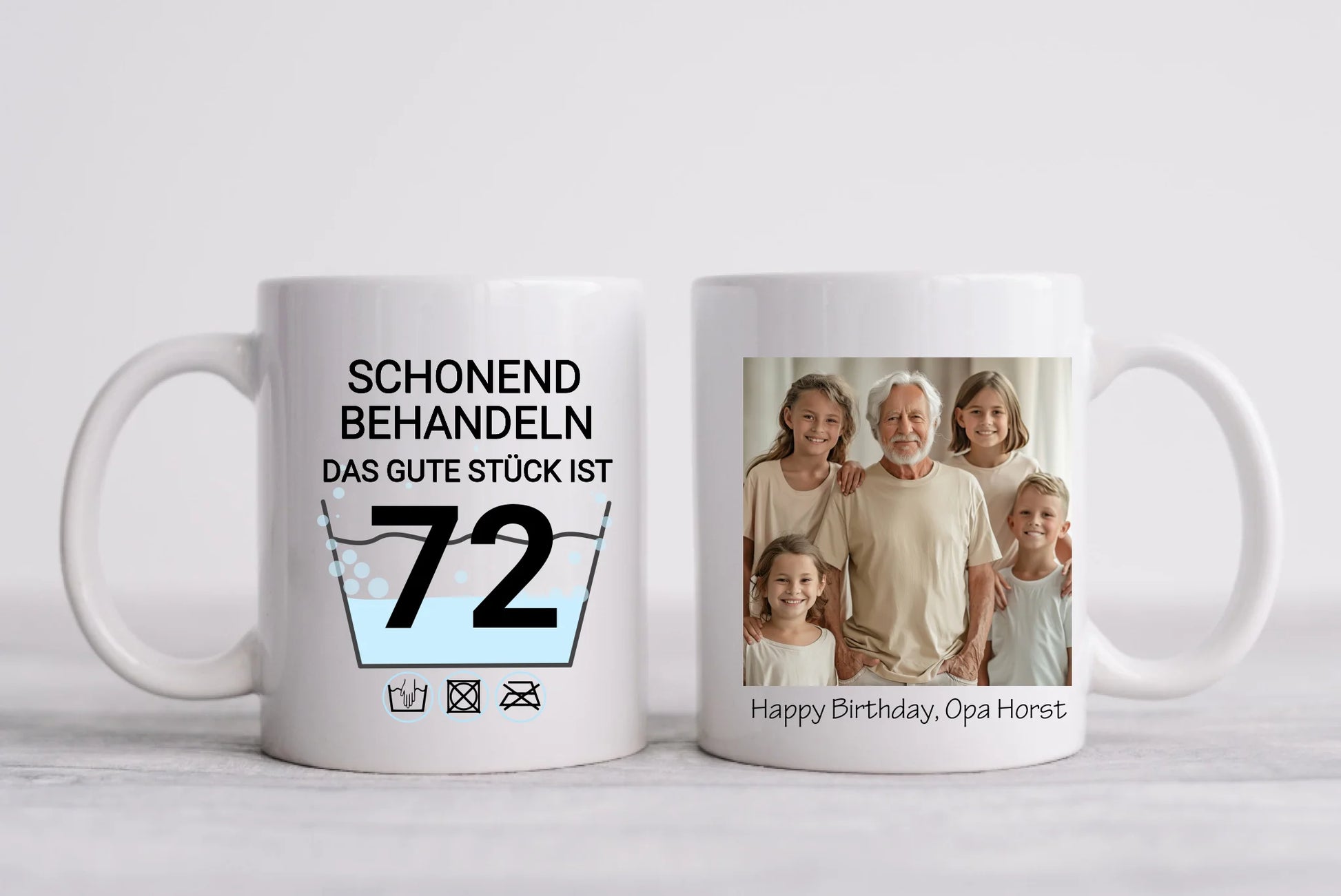Geburtstageschenk personalisierte Fototasse - Schonend behandeln - das gut Stück ist 72,52, 60, 70 mit Namen und Foto personalisiert. Geschenkidee Geburtstag  Mama. Papa, Oma und Opa.