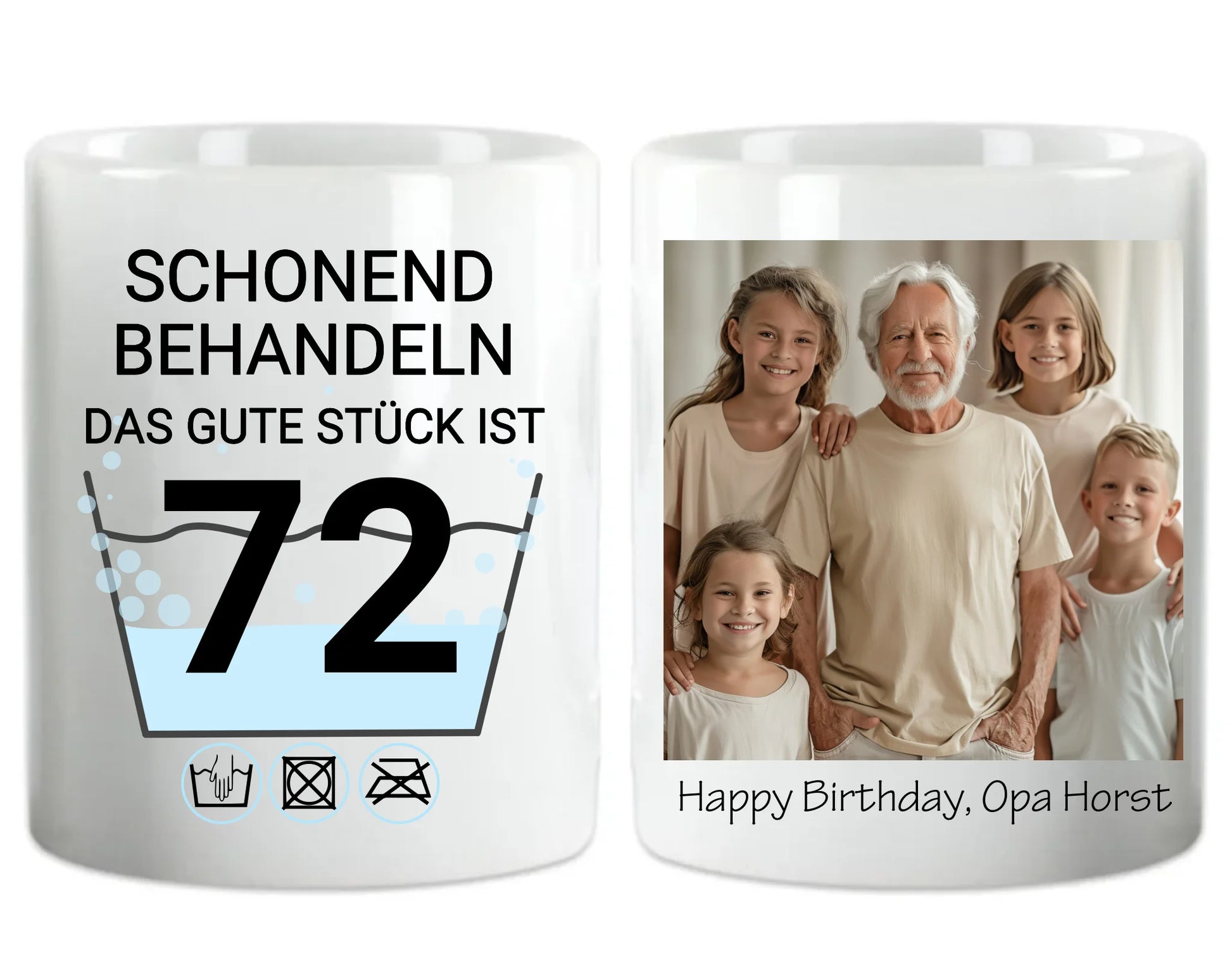 Geburtstageschenk personalisierte Fototasse - Schonend behandeln - das gut Stück ist 52, 60, 70 mit Namen und Foto personalisiert. Geschenkidee Geburtstag  Oma und Opa.