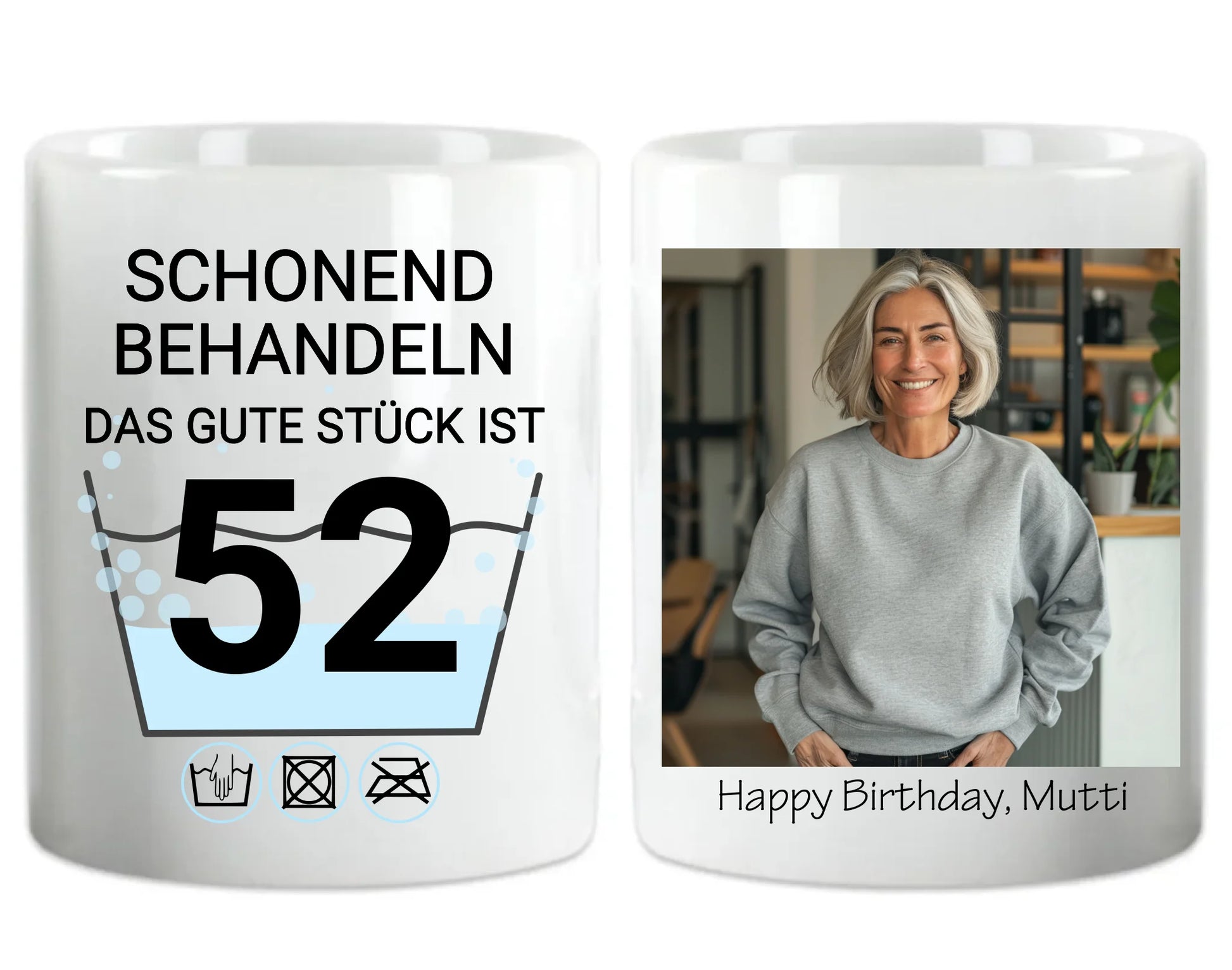 Geburtstageschenk personalisierte Fototasse - Schonend behandeln - das gut Stück ist 52, 60, 70 mit Namen und Foto personalisiert. Geschenkidee Geburtstag  Mama. Papa, Oma und Opa.