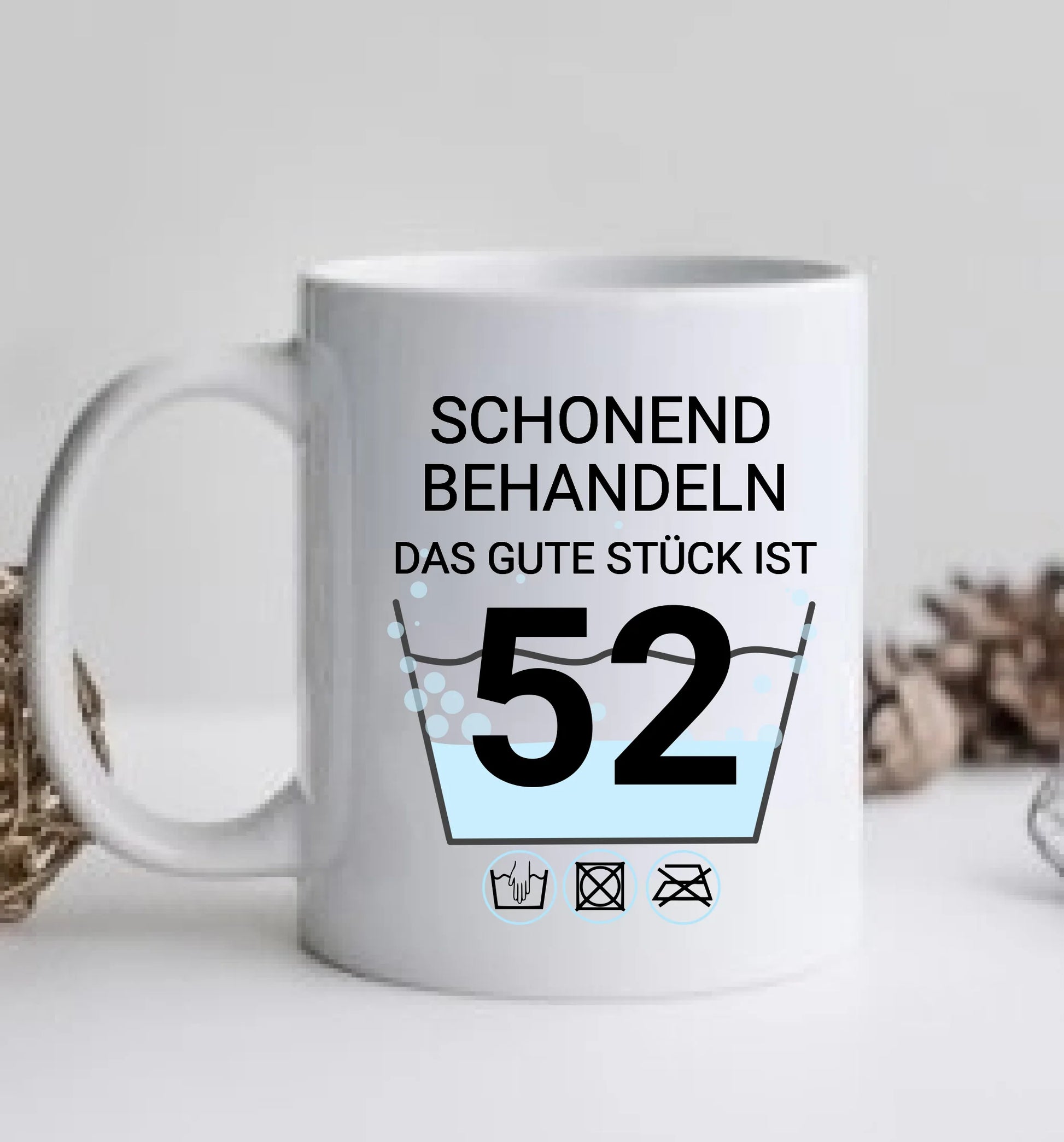 Geburtstageschenk personalisierte Fototasse - Schonend behandeln - das gut Stück ist 52, 60, 70 mit Namen und Foto personalisiert. Geschenkidee Geburtstag  Mama. Papa, Oma und Opa.