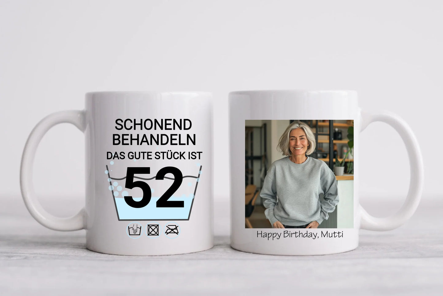 Geburtstageschenk personalisierte Fototasse - Schonend behandeln - das gut Stück ist 52, 60, 70 mit Namen und Foto personalisiert. Geschenkidee Geburtstag  Mama. Papa, Oma und Opa.