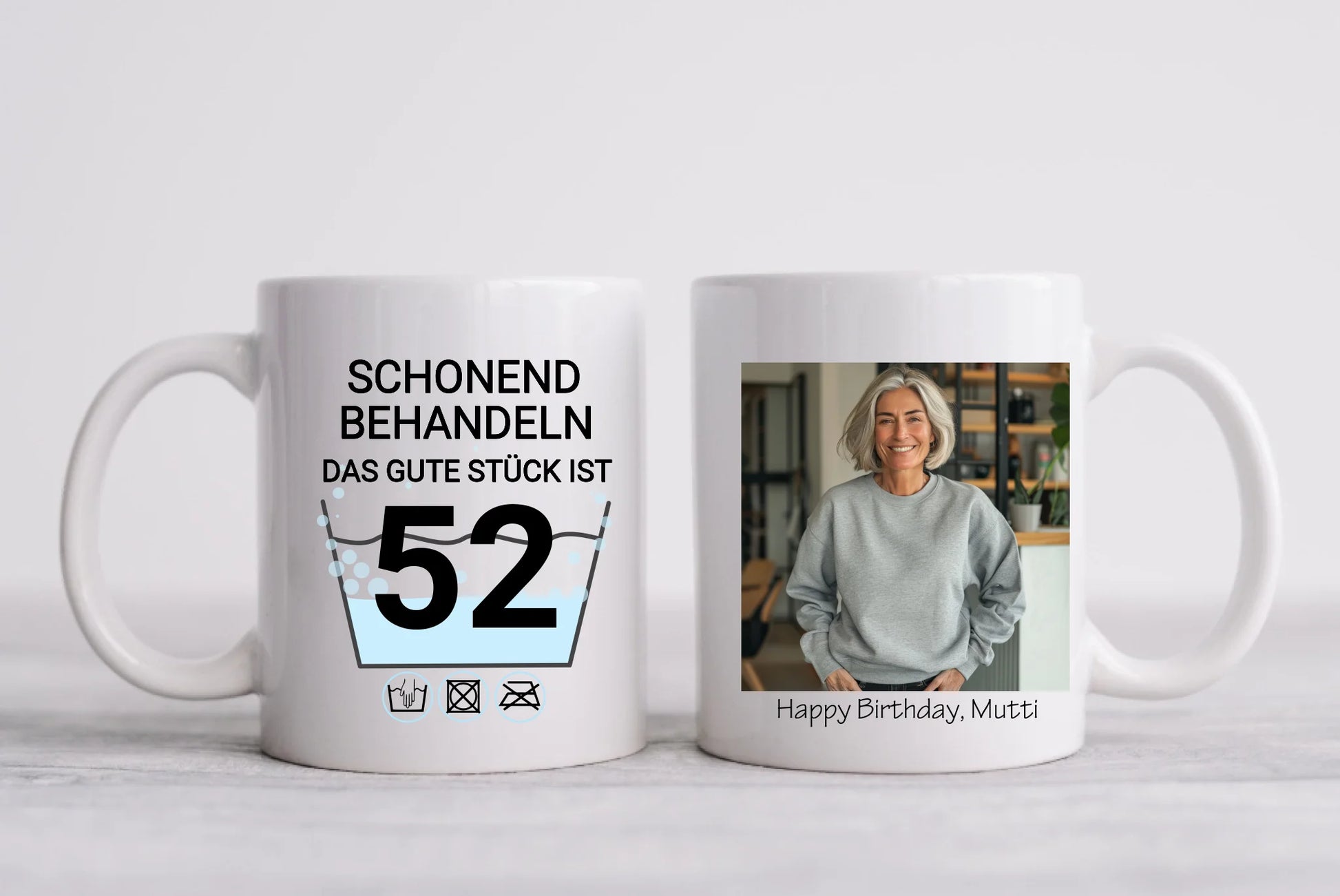 Geburtstageschenk personalisierte Fototasse - Schonend behandeln - das gut Stück ist 52, 60, 70 mit Namen und Foto personalisiert. Geschenkidee Geburtstag  Mama. Papa, Oma und Opa.