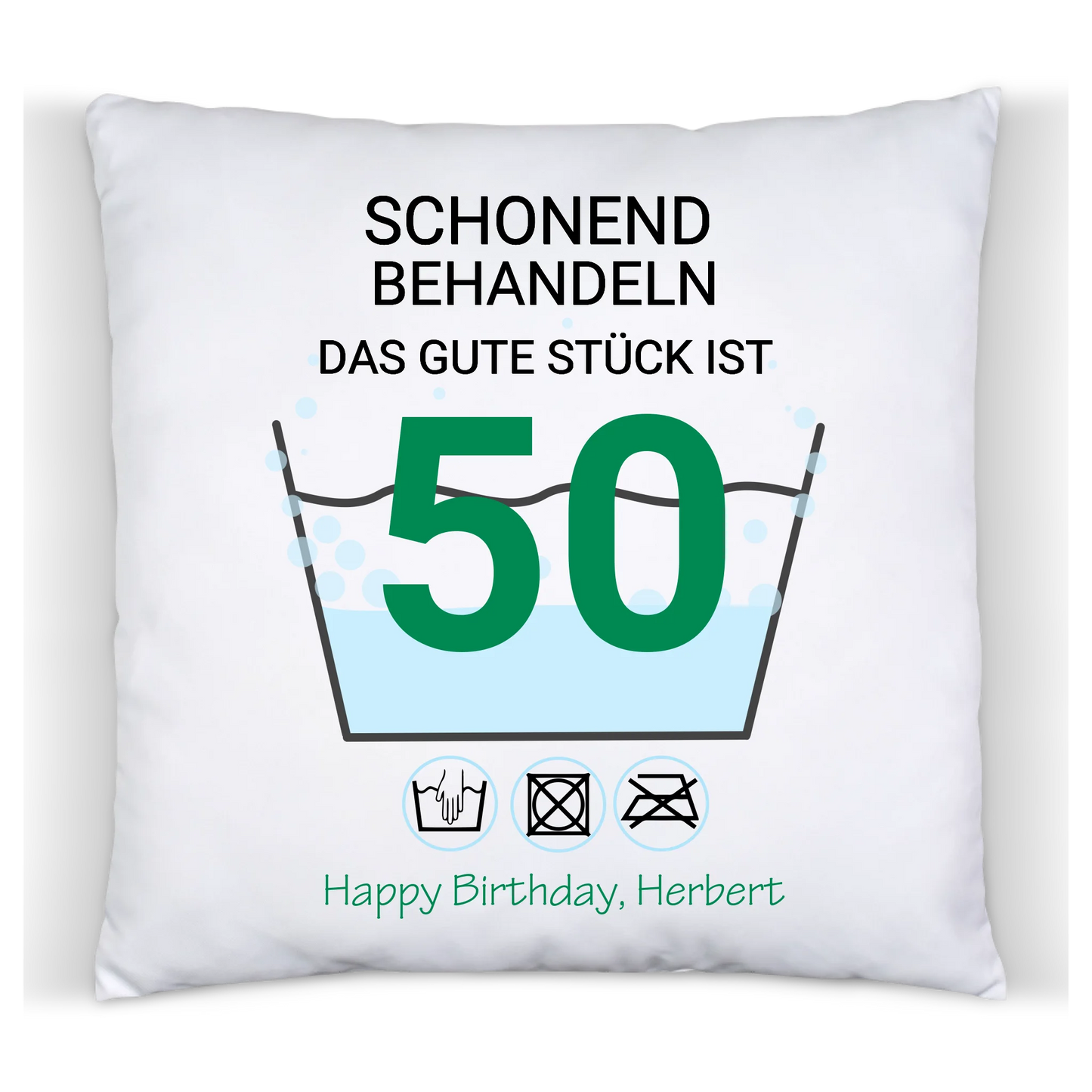Geburtstageschenk personalisiertes Kissen für alle Jahrgänge, gerade und krumme Zahlen - Schonend behandeln - das gut Stück ist 35, 40, 50, 60, 70 mit Namen und Foto personalisiert. Geschenkidee Geburtstag Mama. Papa, Oma und Opa.