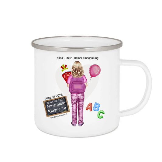 Schulanfang Kindertasse Schulkind 2025 - Emaille Kinderbecher Mädchen/Junge Einschulung mit Namen personalisiert - Geburtstagsgeschenke