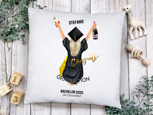 Personalisiertes Kissen Geschenk Studienabschluss, Schulabschluss zum Doktor, Master, Bachelor & Abitur, Absolventin