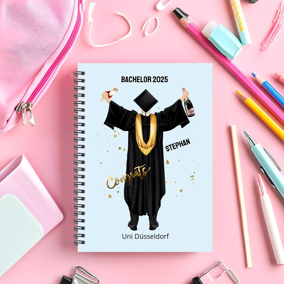 Personalisierter Collegeblock / Notizblock Abschlußgeschenk Abitur, Bachelor, Master oder Doktor mit Namen Mann