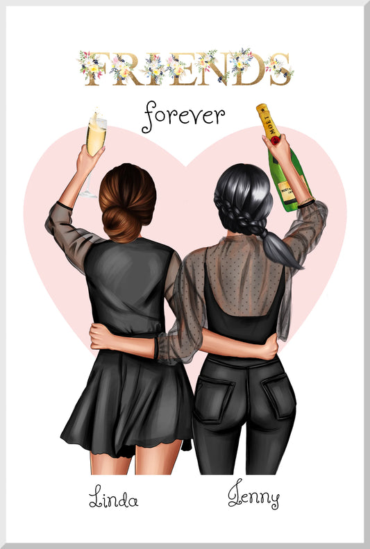 2 Beste Freundinnen Poster Bild Geschenk personalisiert | Geburtstagsgeschenk Schwester - Weihnachtsgeschenk Leinwanddruck Leinwandbild