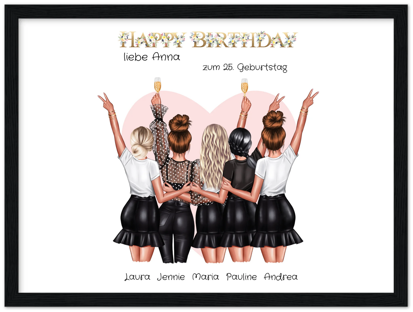 Beste Freundin Bild Geschenk zum Geburtstag | Personalisiertes Poster mit 5 Freundinnen