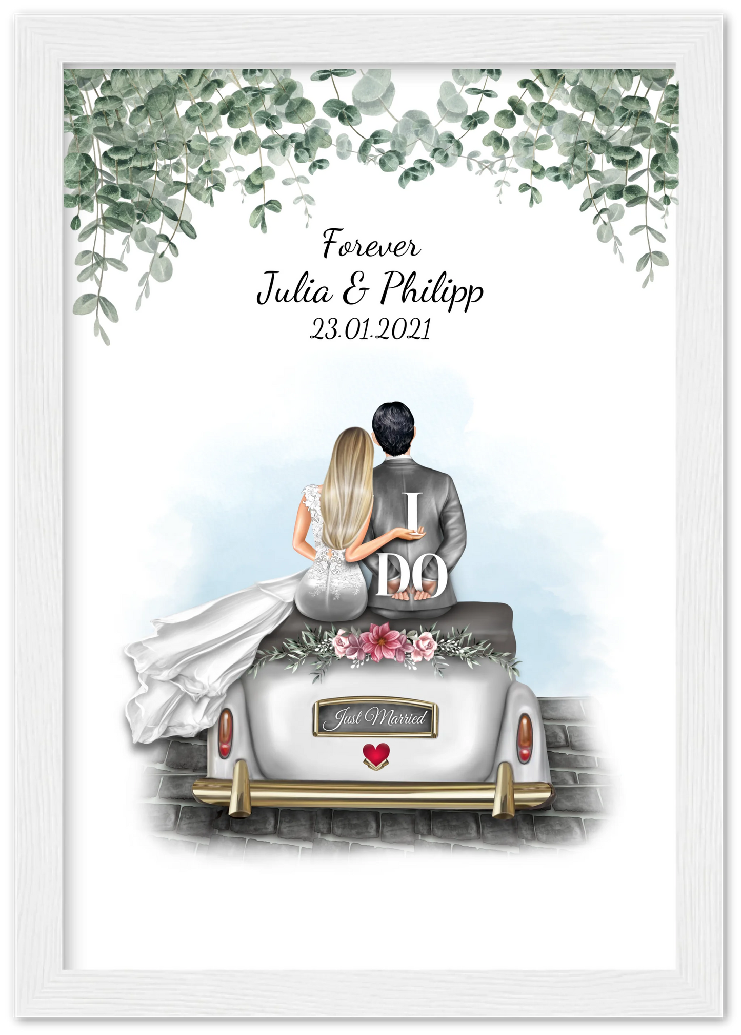Personalisiertes Hochzeitsgeschenk – Wedding Car Poster mit Namen & Datum – Hochzeitsauto Bild Premium Matte Paper Wooden Framed Poster - White - Vertical Gerahmtes Poster A4 21x29.7 cm