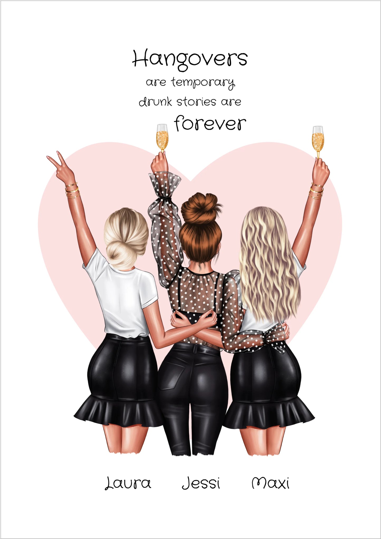 Beste Freundin Poster - 3 Freundinnen Bild - Freundin Geschenk personalisiert - Geburtstagsgeschenk Schwester, Mama, Kollegin
