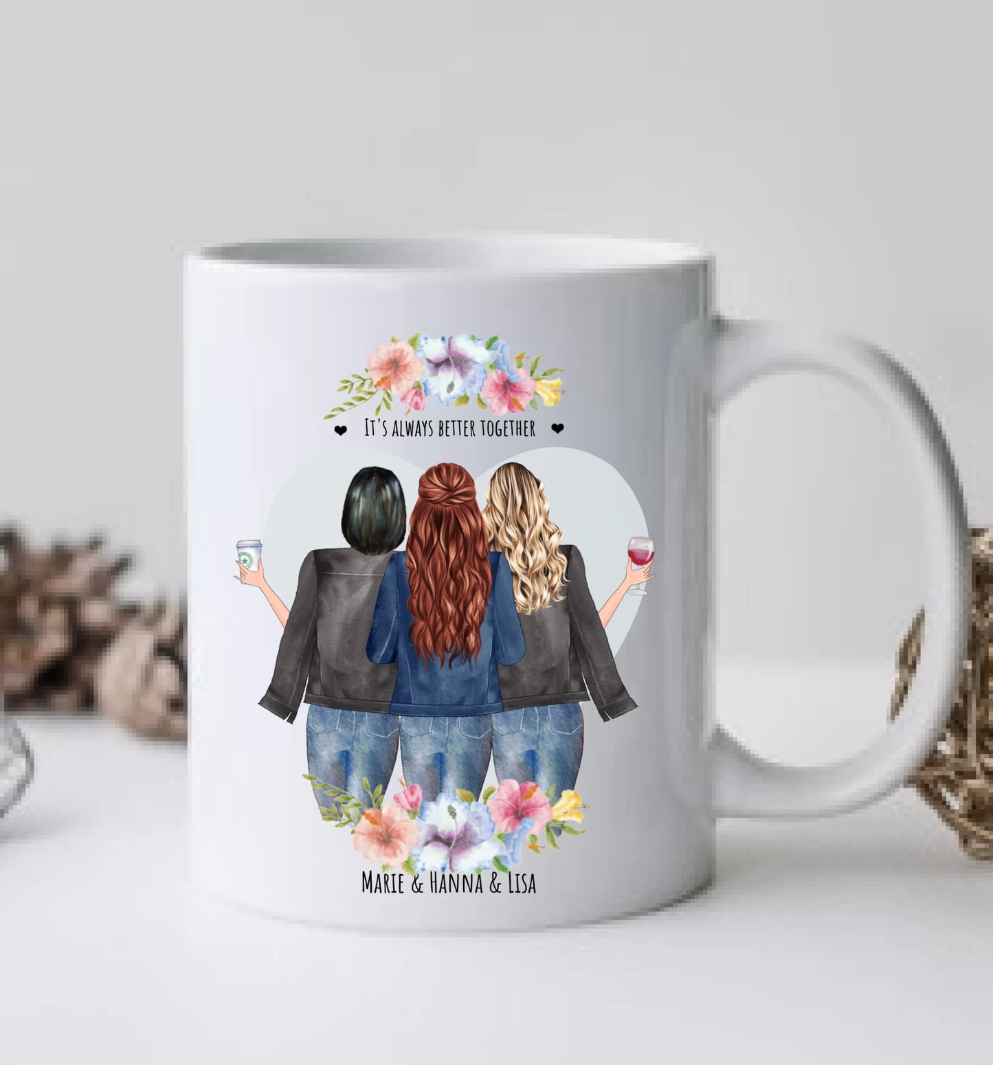 3 Beste Freundinnen Tasse personalisiert - Beste Freundin Geburtstagsgeschenk