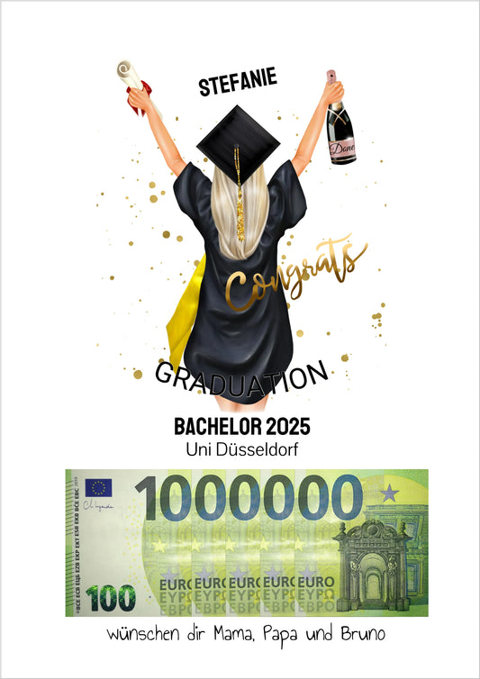Geldgeschenk Wunscherfüller - Personalisiertes Abschlußgeschenk zum Abi, Bachelor, Master, Doktor - 1. Million - Frau