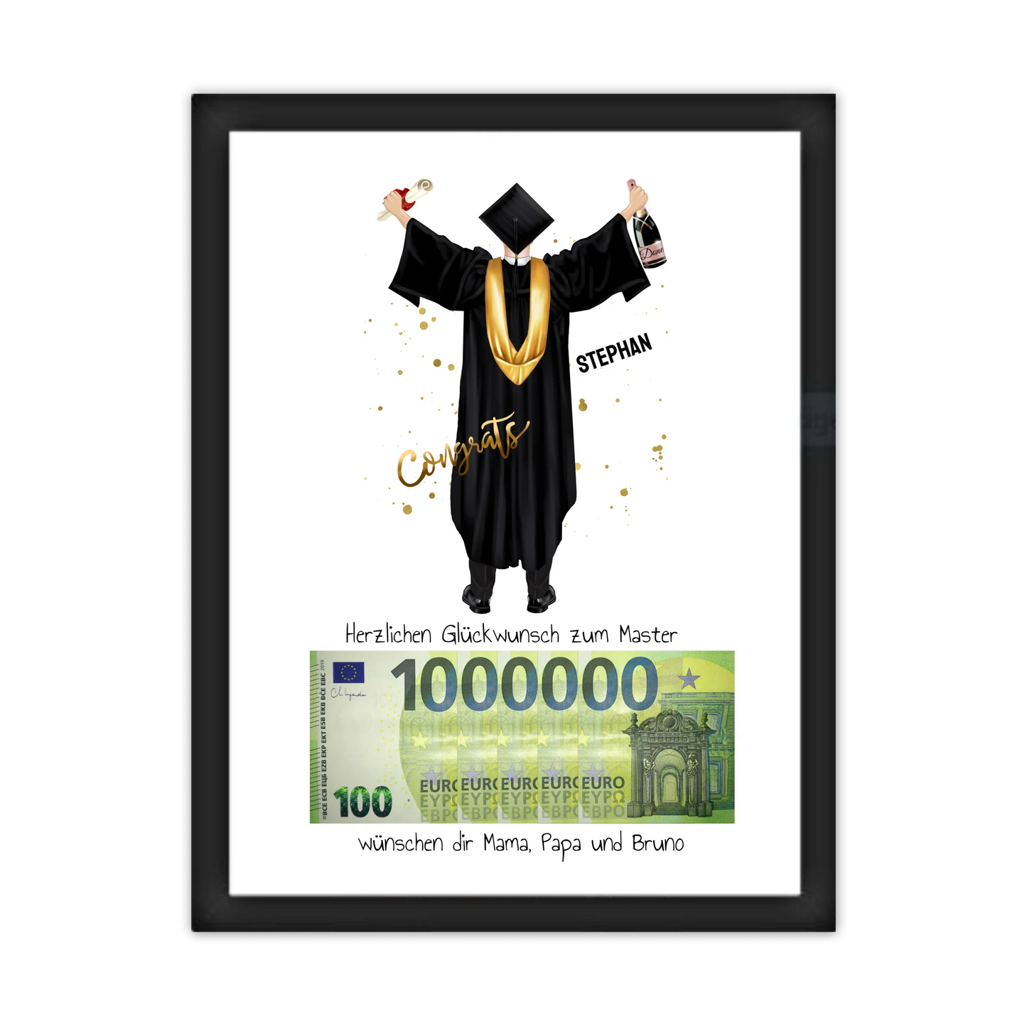 Geldgeschenk - Personalisiertes Abschlußgeschenk zum Abi, Bachelor, Master, Doktor Mann - 1. Million Gerahmtes Poster schwarz Holzflair Schwarz