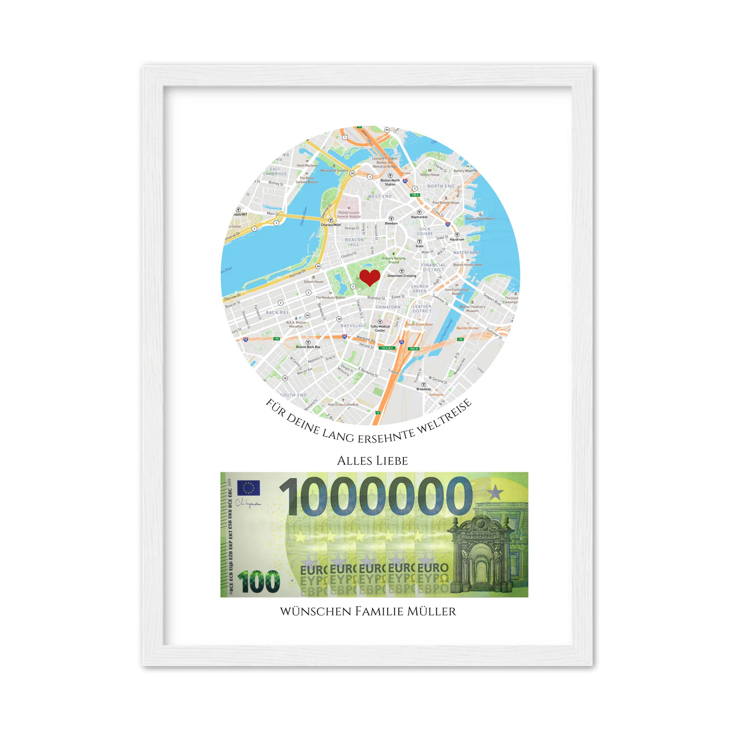 Personalisiertes Geldgeschenk für Reisen – Wunscherfüller Poster mit Namen & Reiseziel Gerahmtes Poster weiß Holzflair Weiß