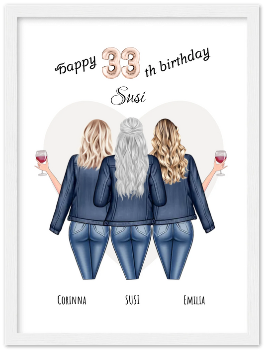 3 Beste Freundinnen Poster gerahmt - Beste Freundin Bild Geschenk Geburtstag - Geburtstagsgeschenk - Ostergeschenk - Geschenk Schwester