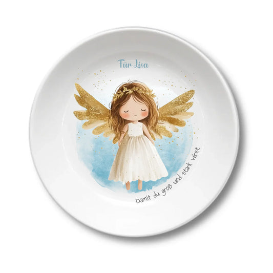 Personalisierter Weihnachtsteller / Nikolausteller mit Schutzengel & Namen, Geschenk für Kinder Mädchen 2 Teller personalisiert 1x Kinderteller tief Durchmesser 190 ø, 500 ml - - nur innerhalb Deutschland lieferbar
