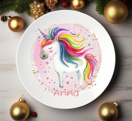 Personalisierter Kinderteller Einhorn Kindergeschirr Teller Geburtstagsgeschenk, Geschenk Einschulung Teller personalisiert 1x flacher Teller Durchmesser 23,5 cm - - nur innerhalb Deutschland lieferbar