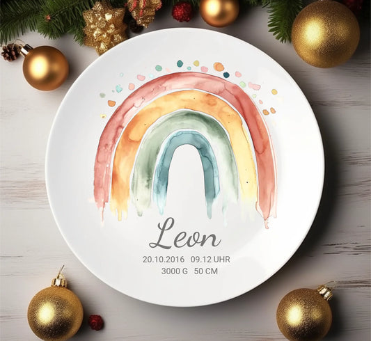 Personalisierter Kinderteller Regenbogen Mädchen Kindergeschirr Teller | Geschenk 1. Geburtstag, Einschulung Teller personalisiert 1x flacher Teller Durchmesser 23,5 cm - - nur innerhalb Deutschland lieferbar