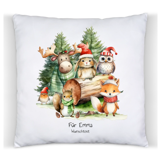 Nikolausgeschenk, Weihnachtsgeschenk kuscheliges Kissen Geschenk mit Waldtieren für Mädchen & Junge mit Namen und Wunschtext personalisierbar Satinkissen Satinkissen 40x40cm