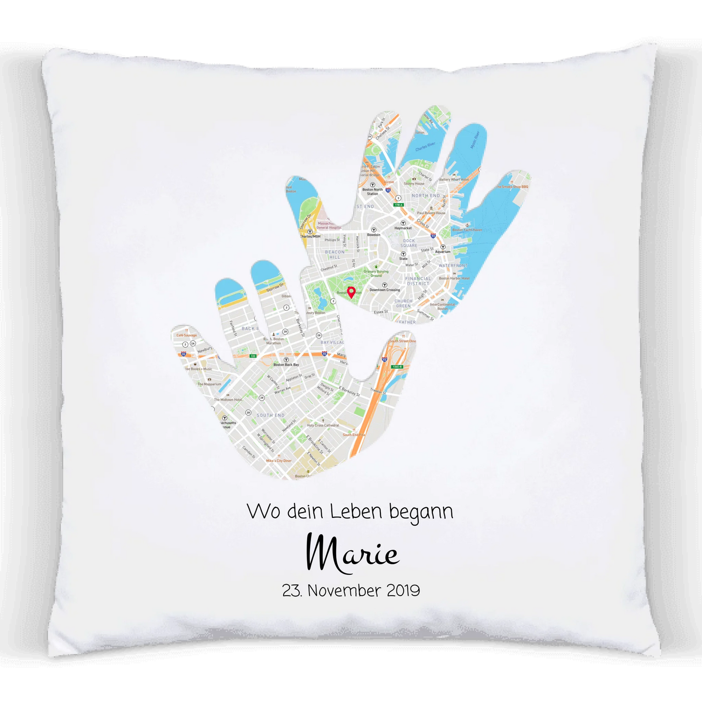 Geburtsgeschenk & Taufgeschenk | Babykissen Geschenk | Babygeschenk Kinder Kissen im Koordinaten
Stadtkarte Design | Hände
